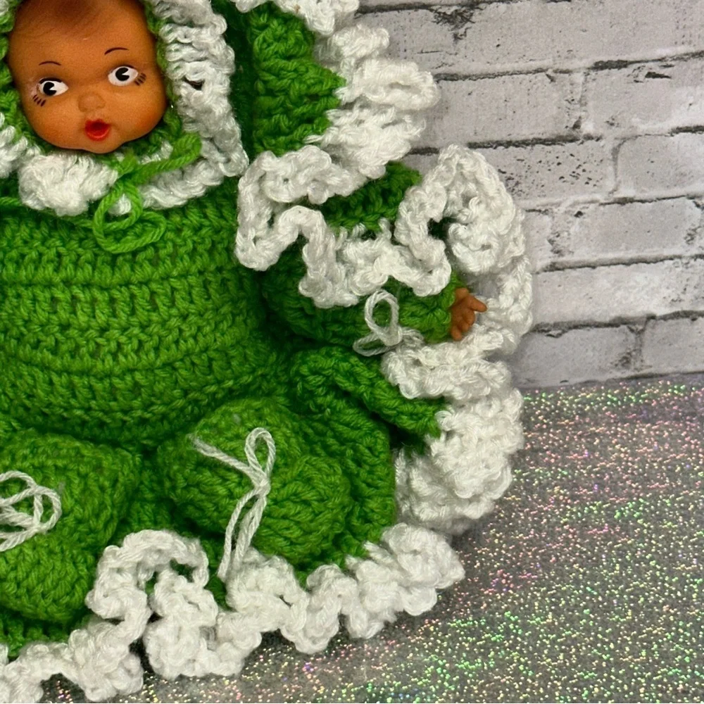 Vintage Crochet Doll Bottle Green White Thumb Sucking Blanket Handmade